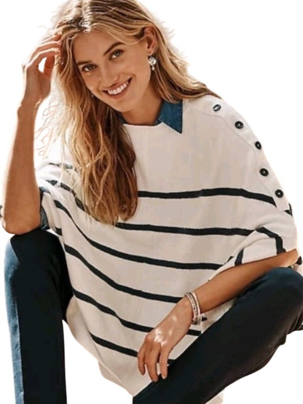 J. Jill Sweater Knit Cape Poncho White Blue Stripe Button Detail One Size
